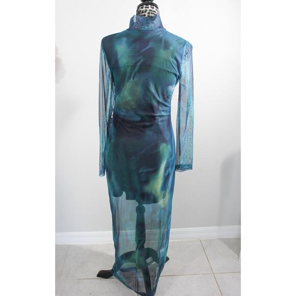 New Size Large Sheer Mesh Maxi Dress Womens Teal Green Swirl Long Sleeve Bodycon - Picture 3 of 4